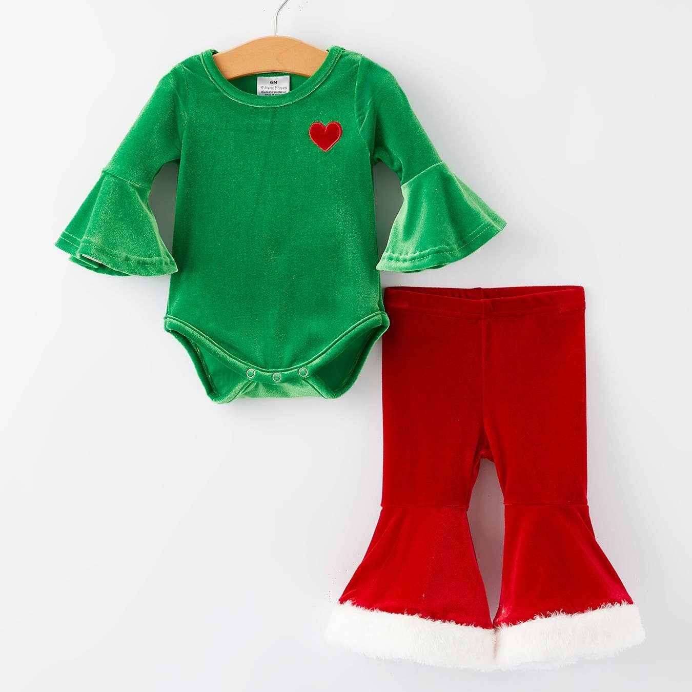 Christmas velvet girls bodysuit outfit with green bell sleeve romper and red bell bottom pants with white trim for holiday festive wear