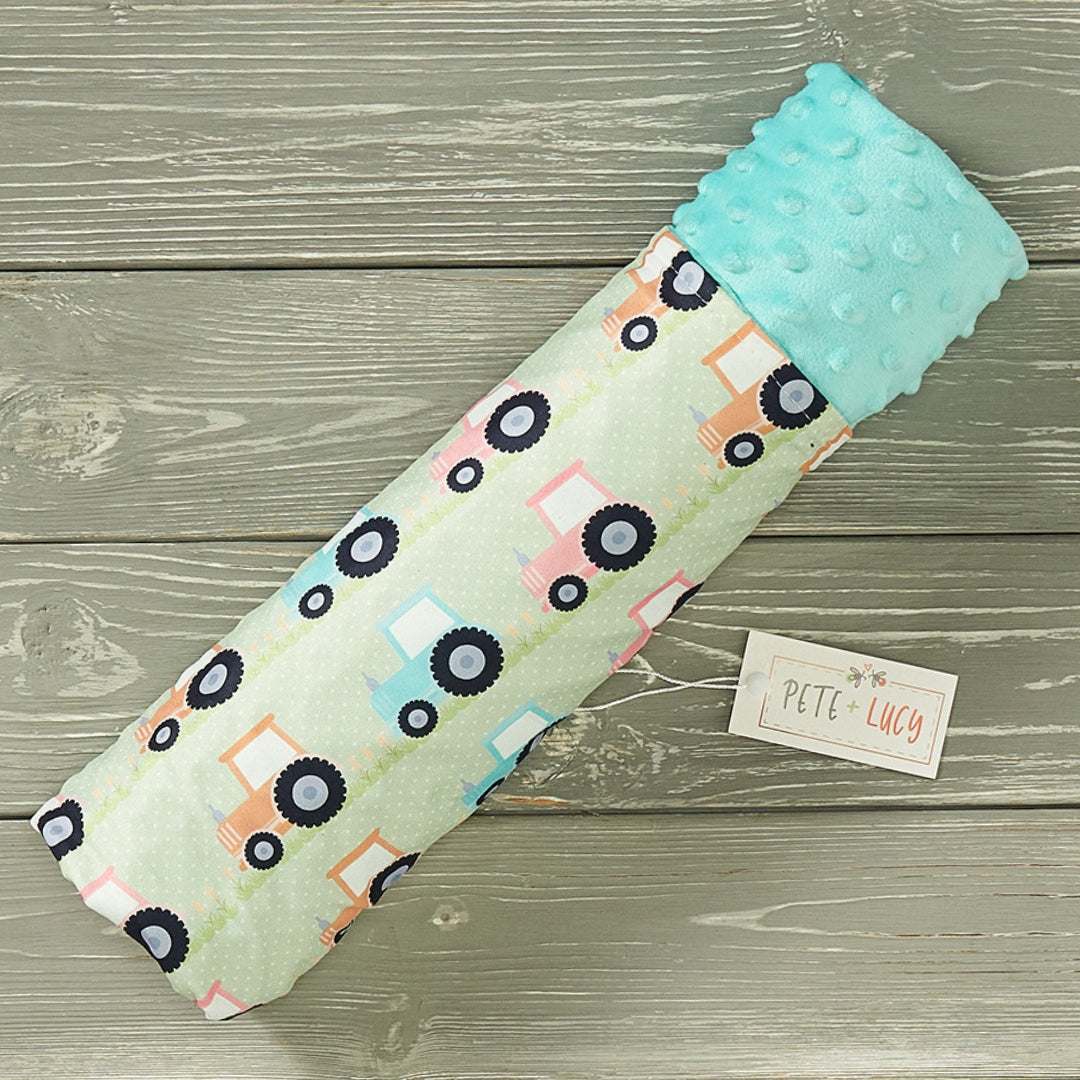 Minky Blanket with colorful tractor pattern, 31"x31", soft and cozy.