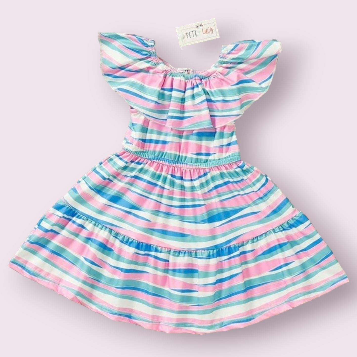 Ocean Breeze Dress with colorful stripes, featuring a boat neckline and A-line cut.