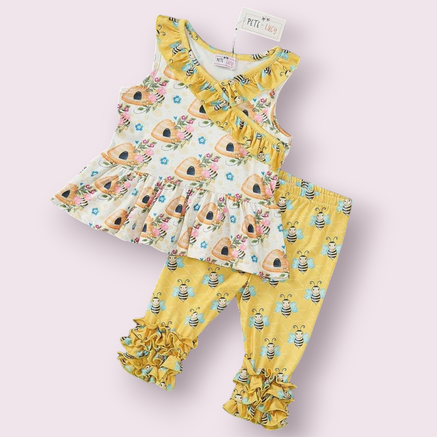 Honey Capri Set with bee and floral design, made of P-Lush material.