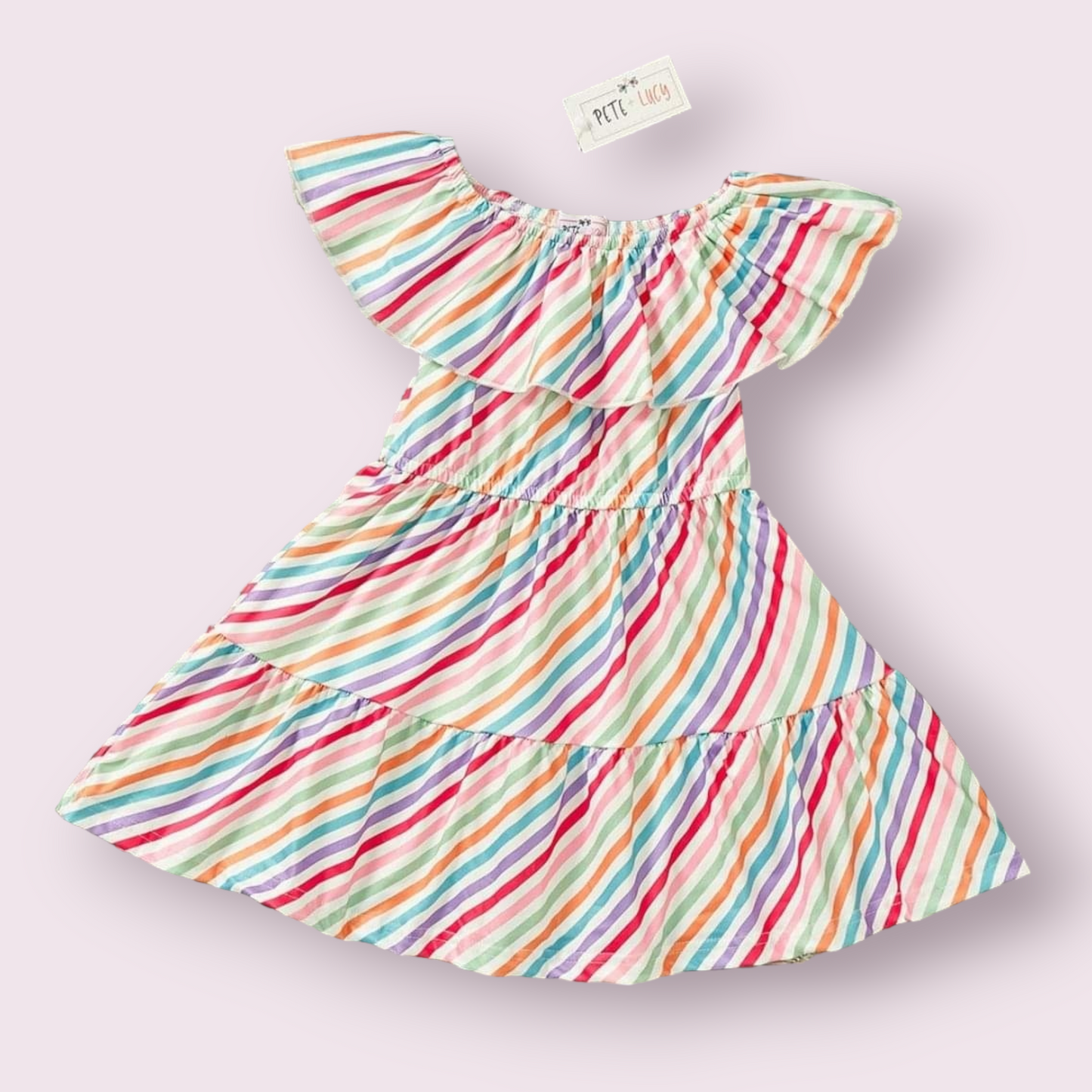 Simple stripe dress with colorful pattern and flared design, made from P-Lush fabric.