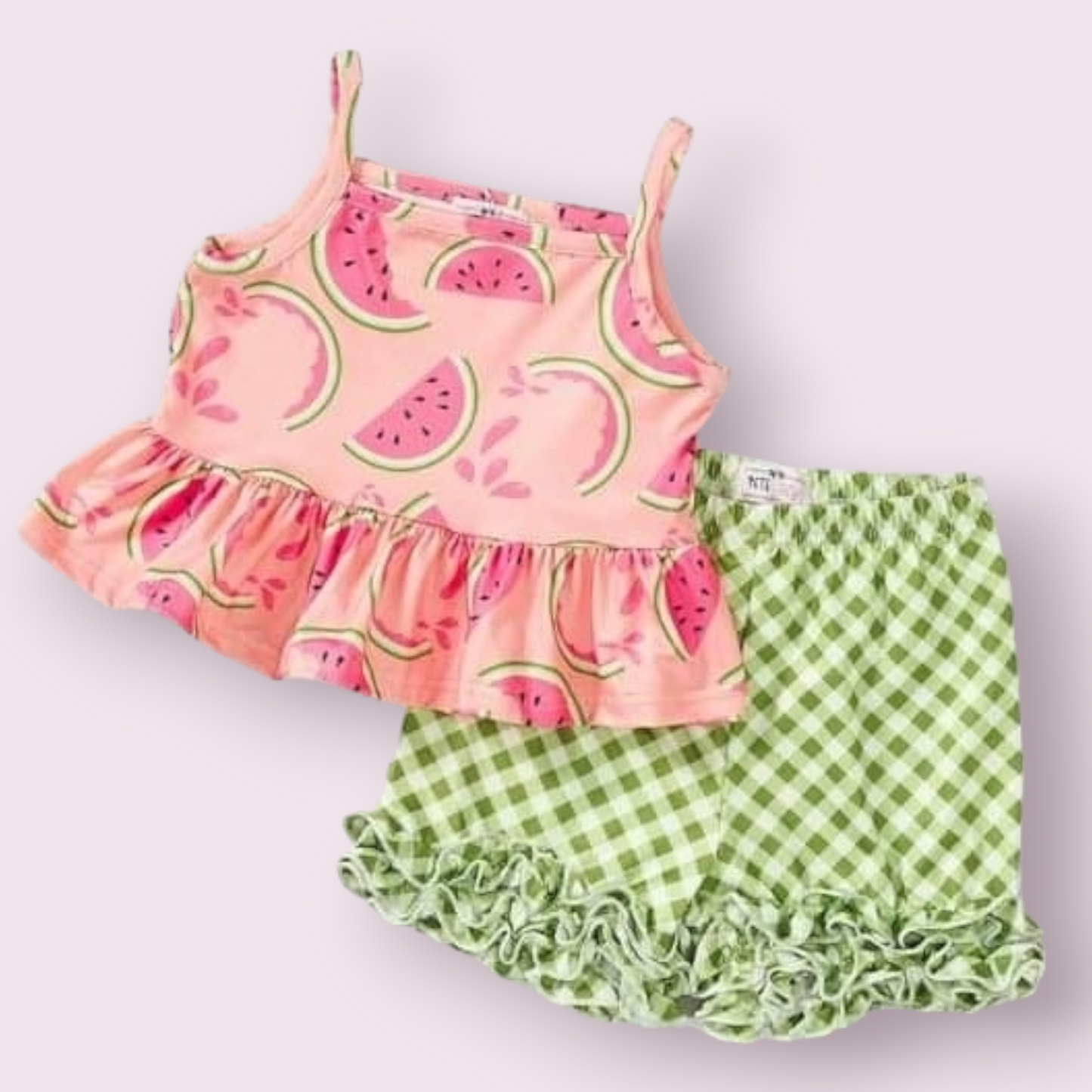 Watermelon Picnic 2 Piece Set, pink watermelon print top and green checkered shorts, summer outfit.
