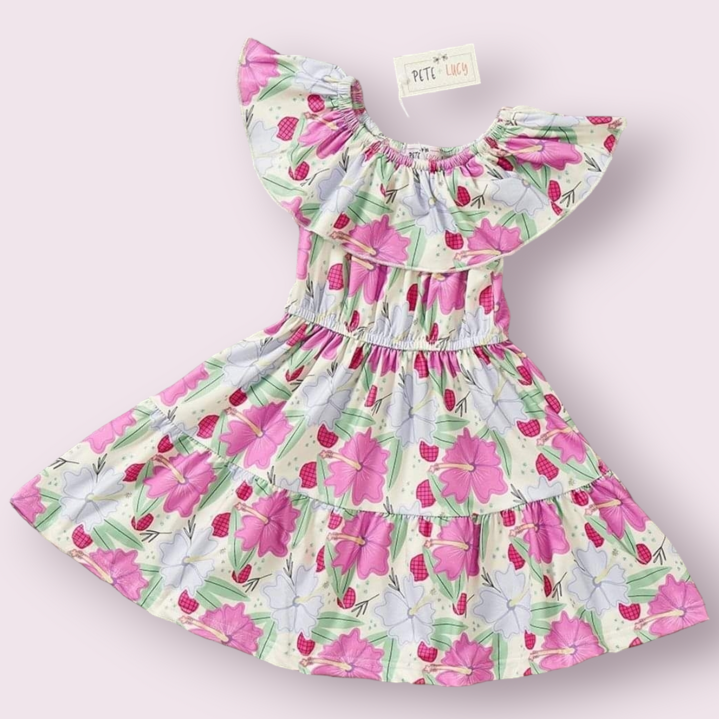 Hibiscus Dress with pink floral pattern, made of P-Lush material.