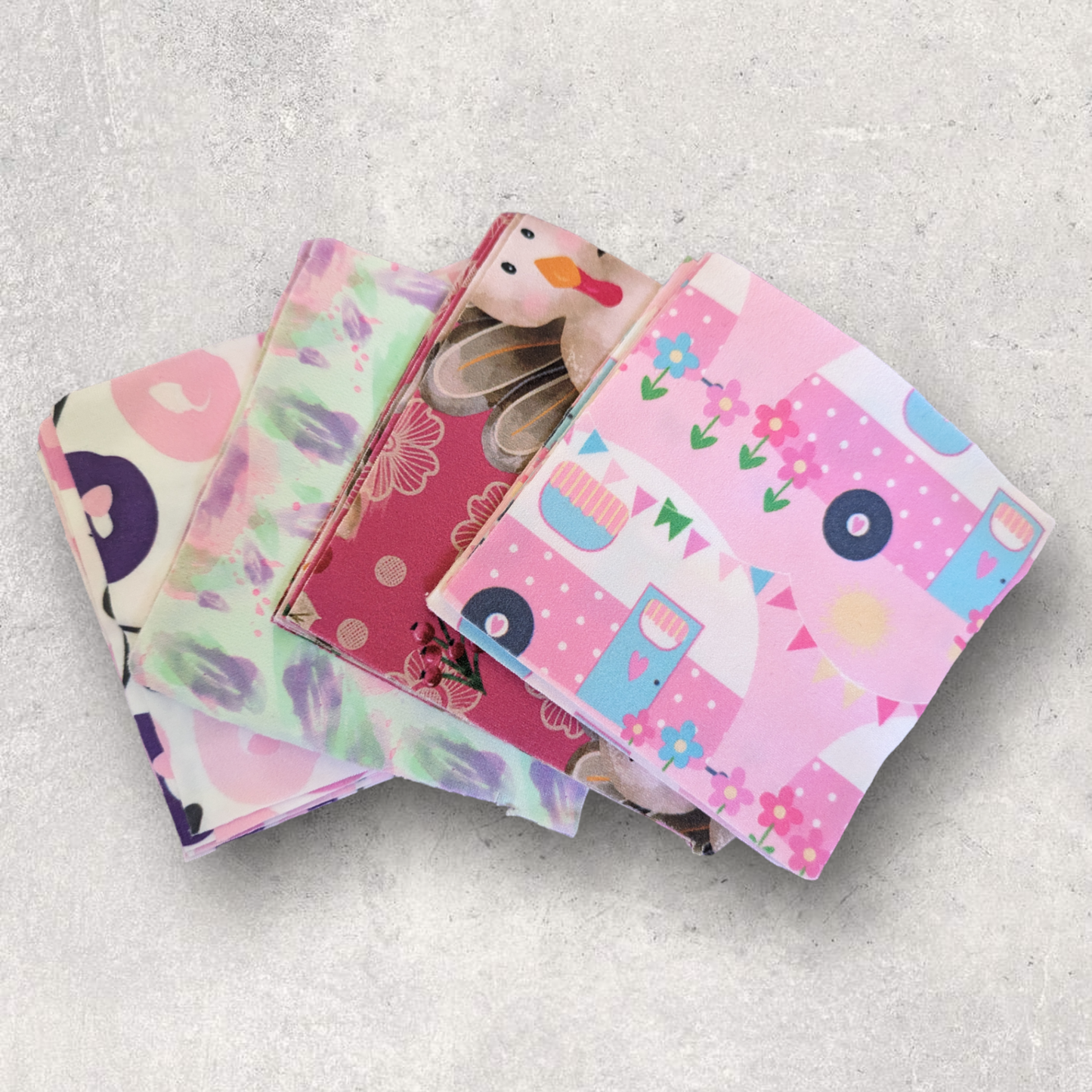 FREE Fabric Sample by Pete + Lucy, small P-LUSH fabric squares with varied patterns.