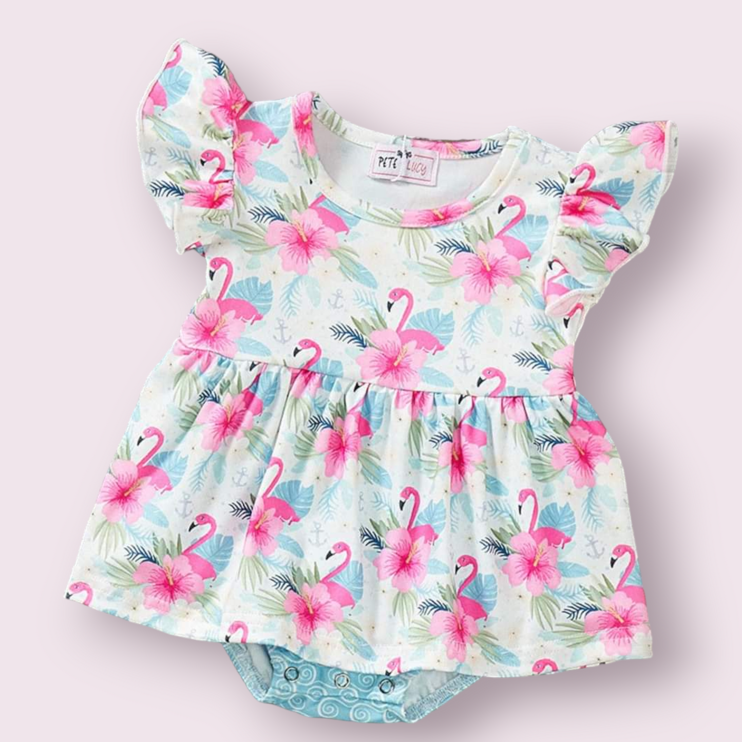 Pink Plumes & Blooms Romper with flutter sleeves and skirt accent.