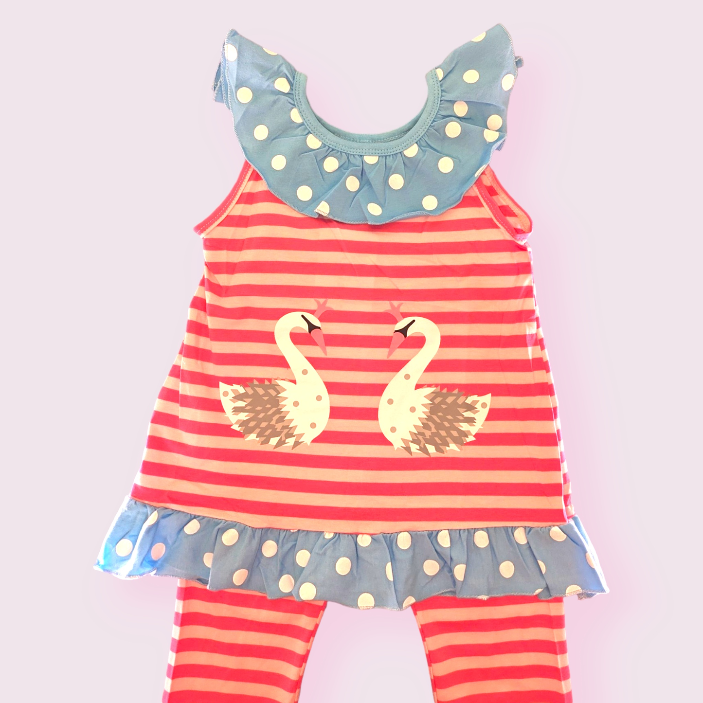Pink striped swan princess tunic with ruffle collar and capri set.