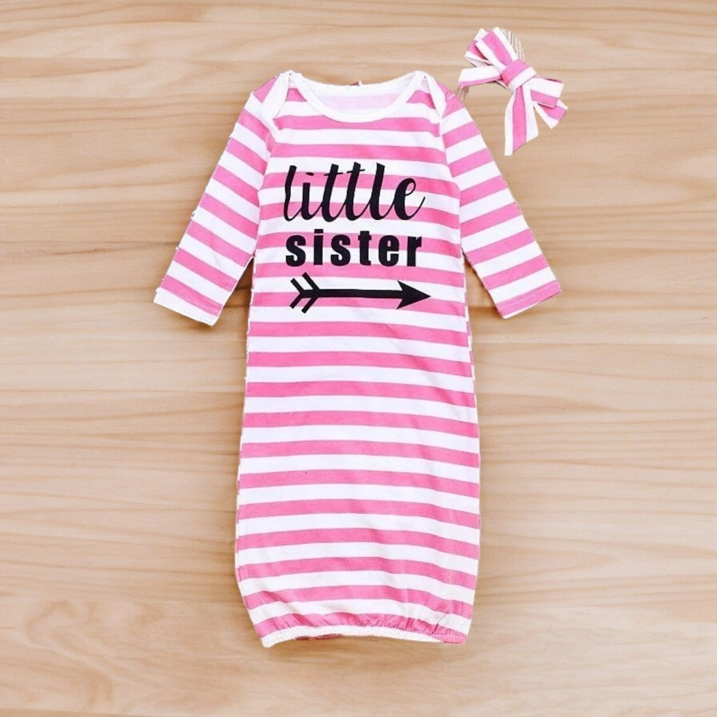 Little Sister pink striped gown set with matching headband.