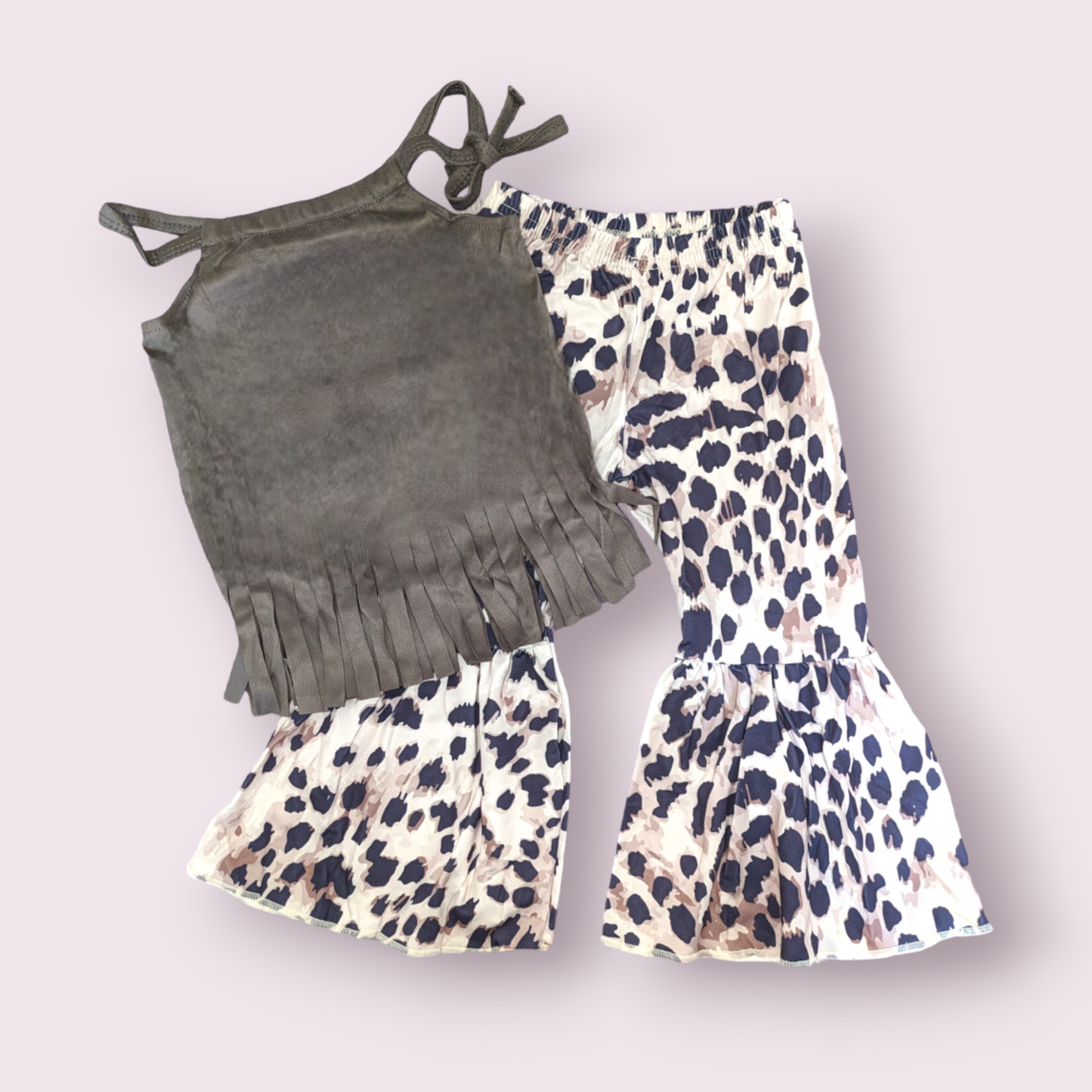 Wild West Charm Outfit with grey fringe tank and leopard print bell-bottom pants.