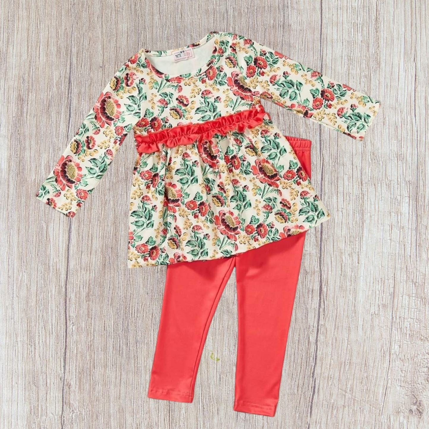 Harvest Bloom 2 Piece Pant Set with floral long sleeve tunic and ruffle accent, paired with coral straight cut pants.