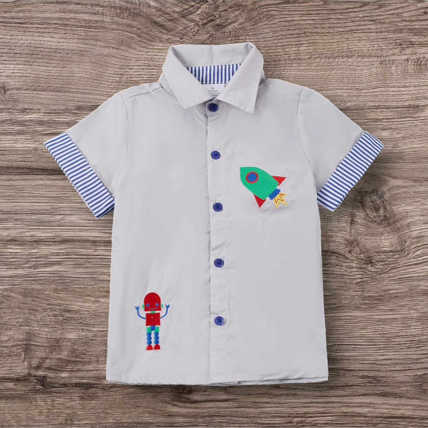 Rocket Robot Button Up Boys Shirt, 100% cotton with embroidered rocket and robot designs.