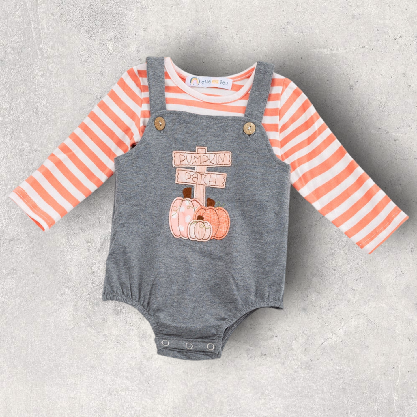 Baby romper with pumpkin patch graphic and striped long-sleeve shirt, fall outfit