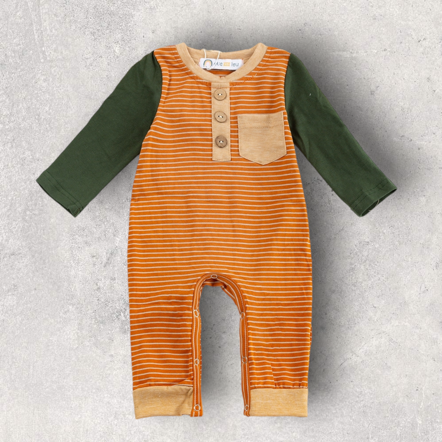 Happy Harvest Boy Romper with orange striped body, green long sleeves, beige pocket, and snap closures for easy diaper changes.