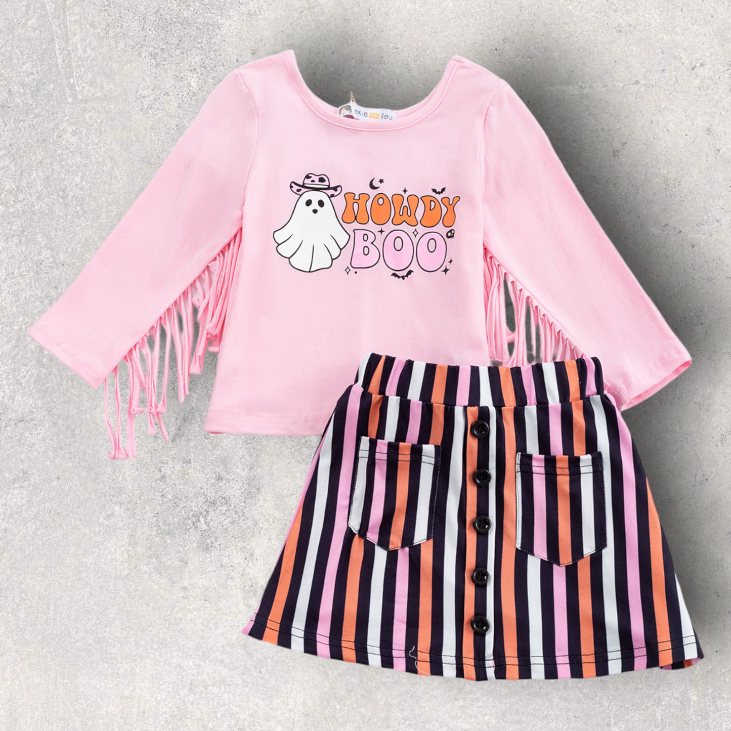 Howdy Boo Skirt Outfit pink ghost fringe top with striped skirt and front pockets Halloween set