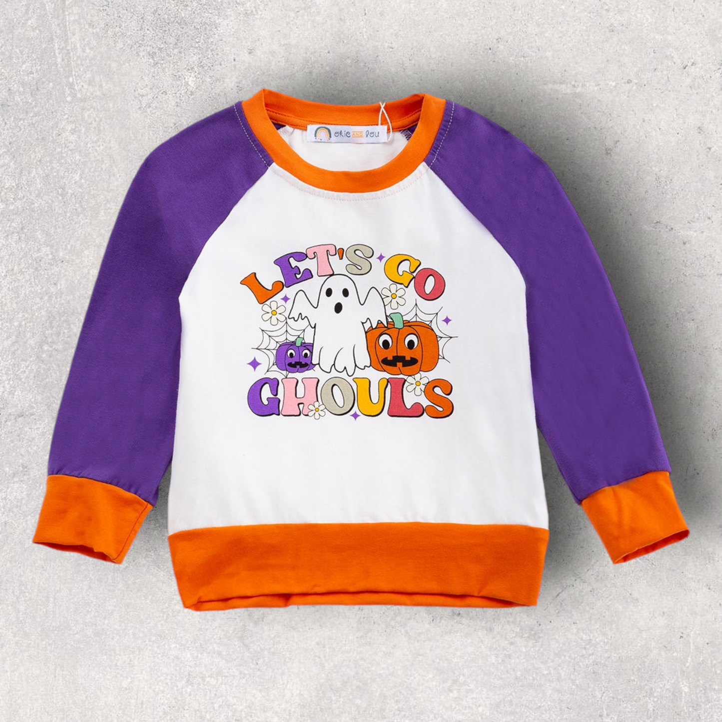 Kids Halloween raglan sweatshirt with ghost and pumpkin design let's go ghouls top