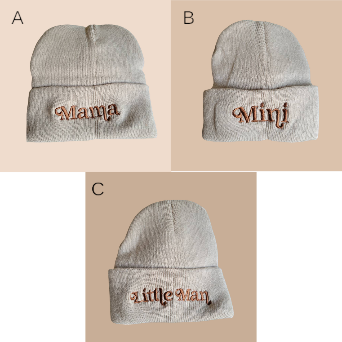 Matching beige beanies with "Mama," "Mini," and "Little Man" embroidery for mom and kids.