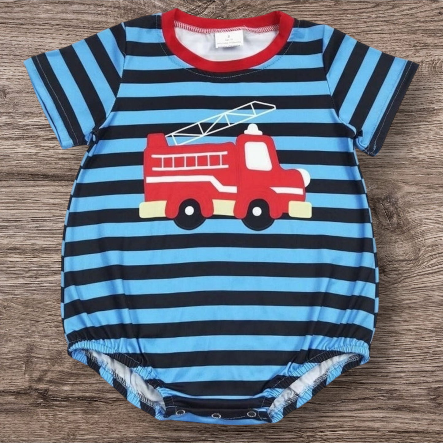 Blue striped firetruck romper for infants, 95% cotton, soft and stretchy fabric.