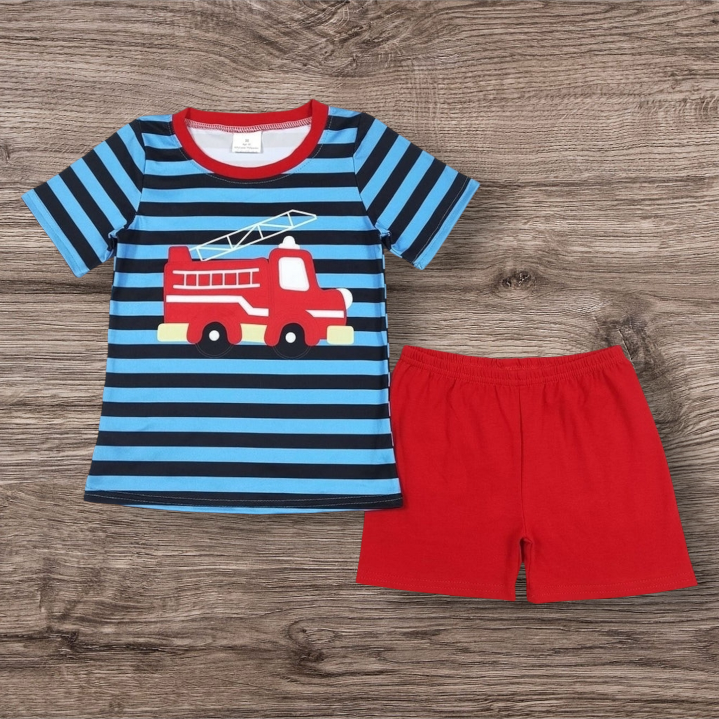 Firetruck shorts set with striped top and red shorts.