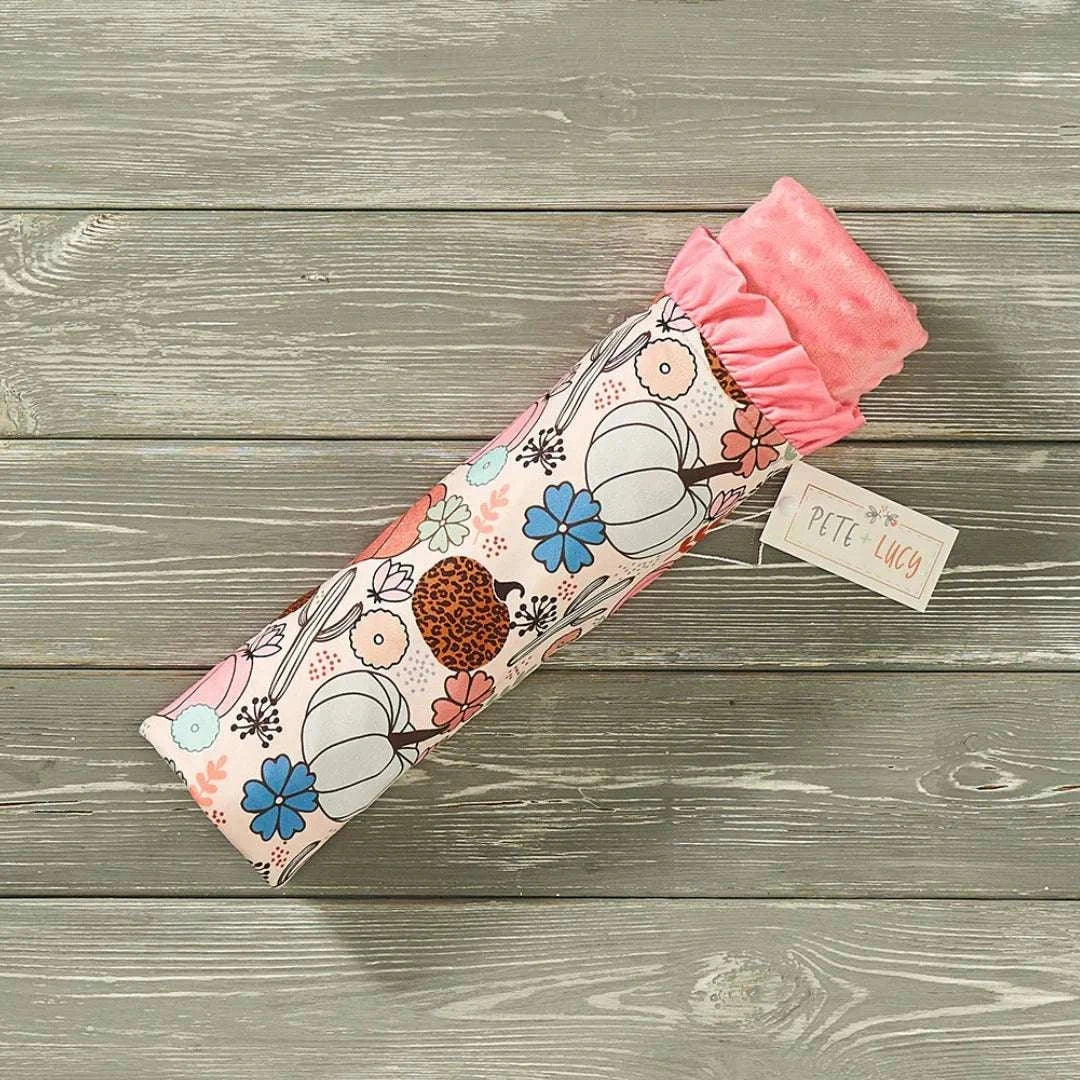 Minky Blanket with pink ruffles and floral pumpkin design, soft plush fabric for baby warmth and comfort