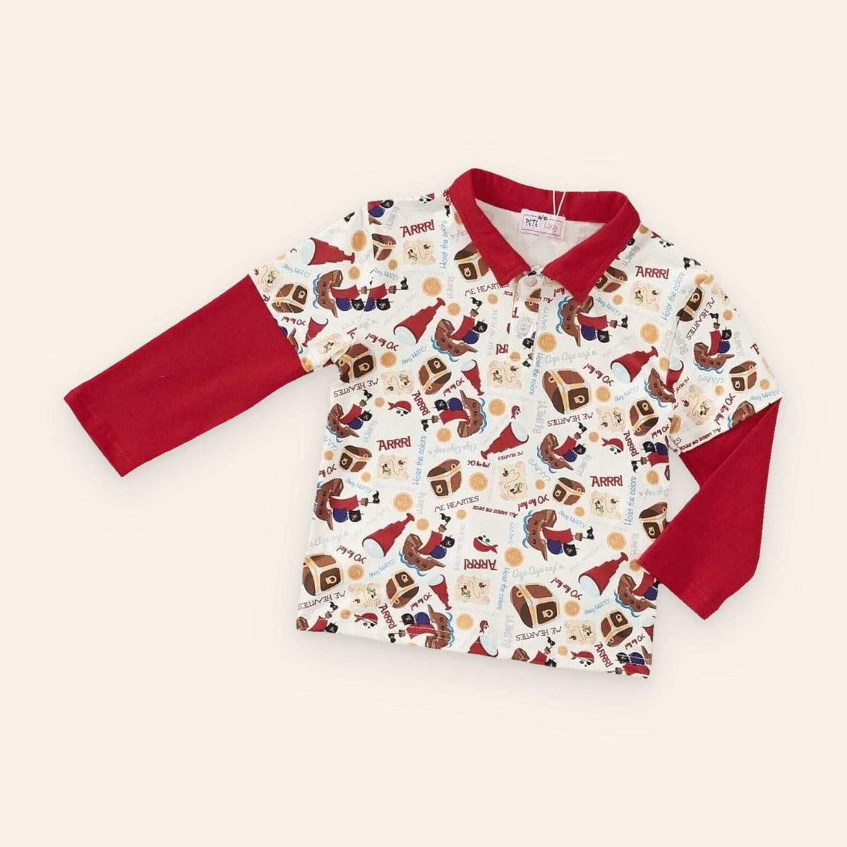 Collared long-sleeve Buried Treasure Boy Top with playful pirate theme.