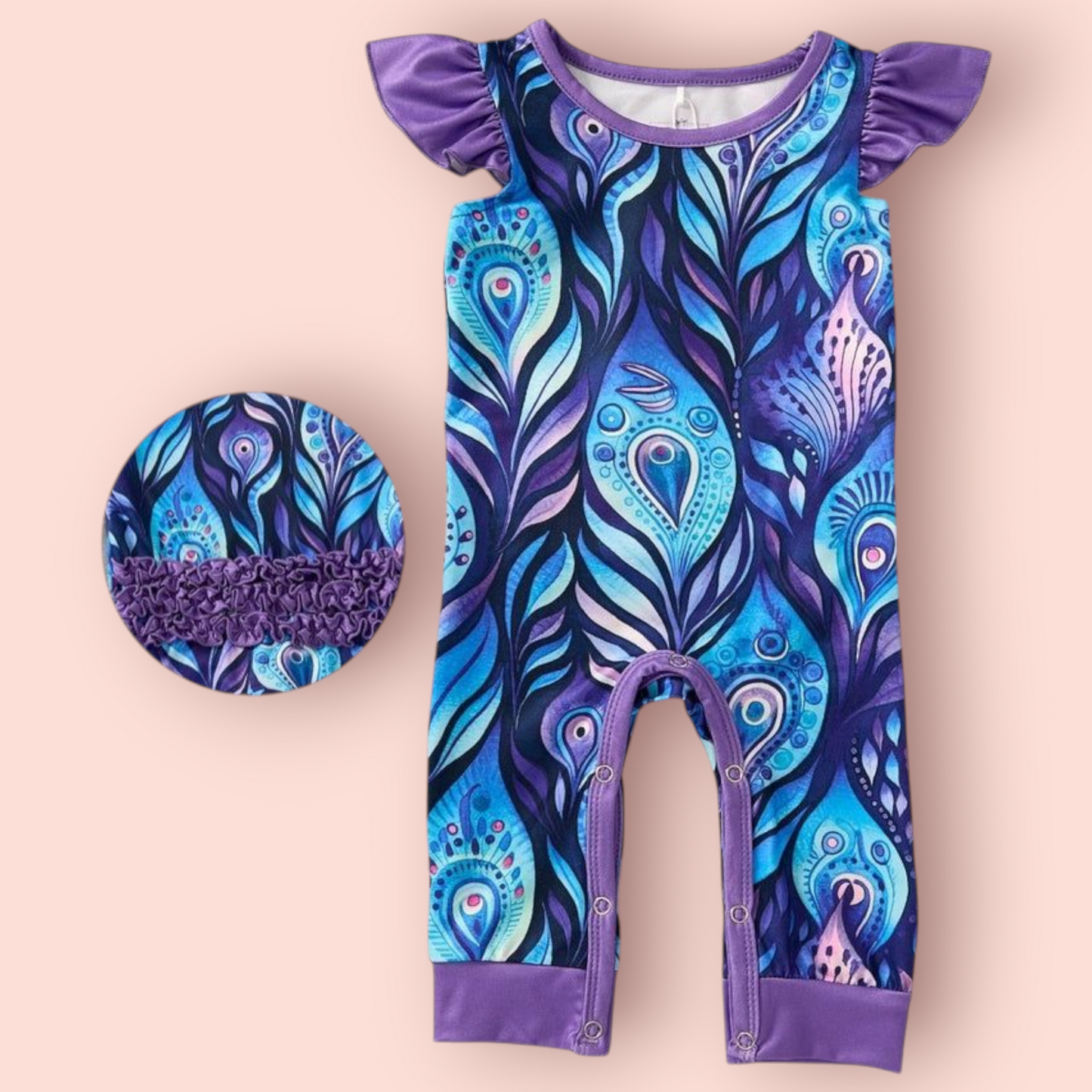 Majestic Plumes Romper featuring blue and purple peacock feather design with ruffled sleeves and snap buttons, made of polyester and spandex blend.