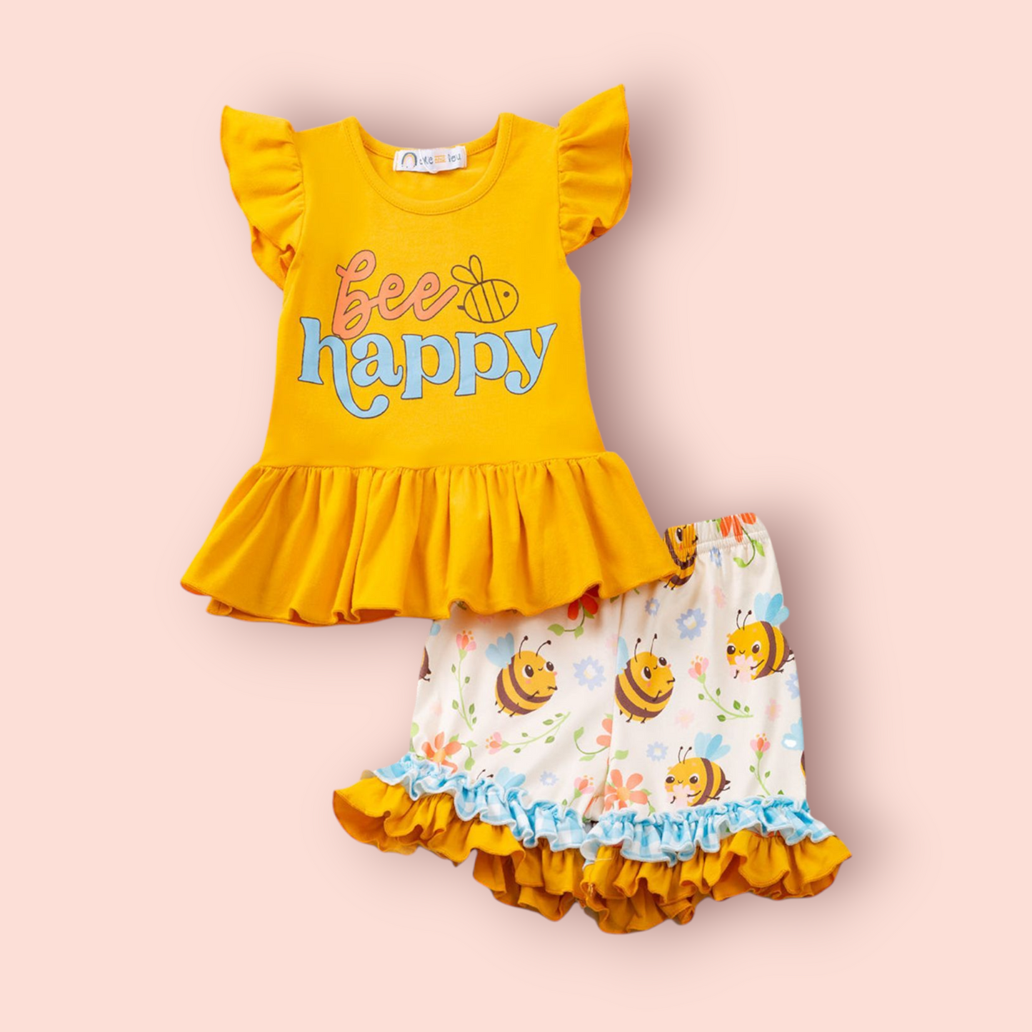 Bee Happy 2 Piece Outfit with bee-themed top and floral shorts for toddlers.