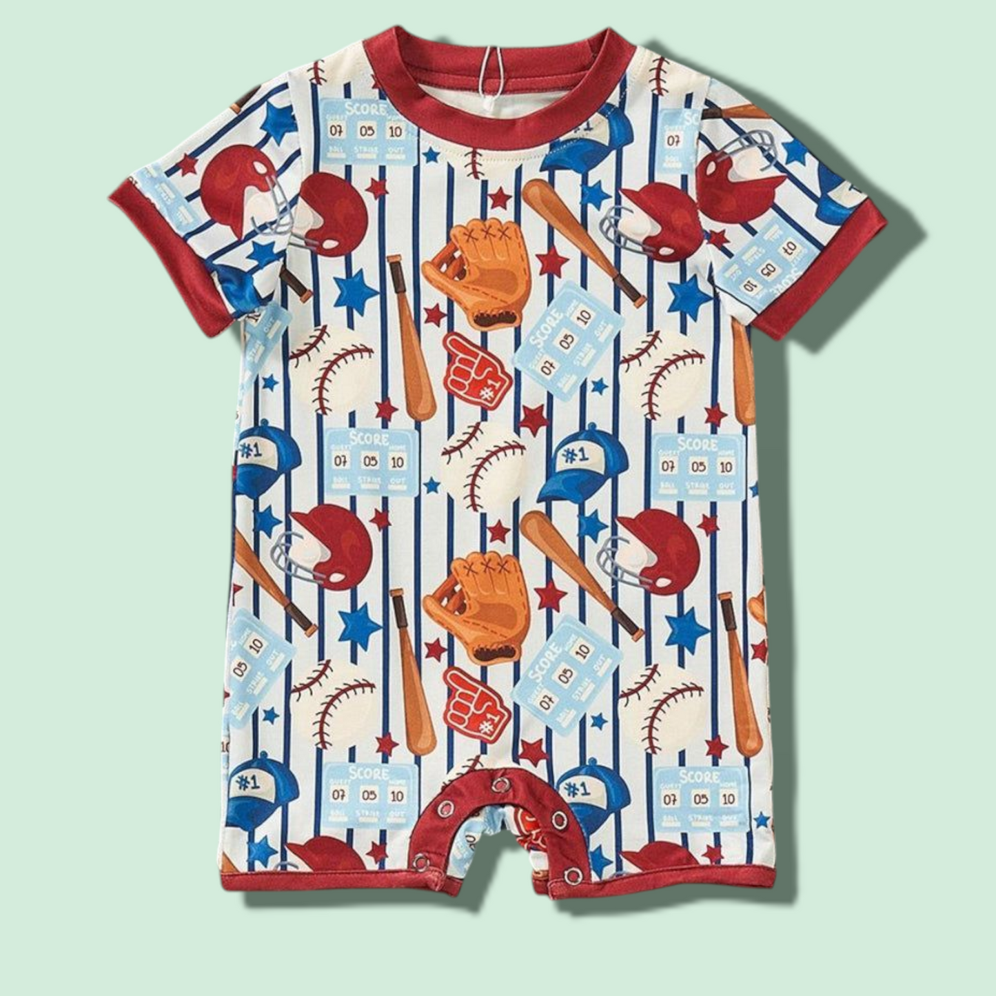 Vintage baseball boy romper with sports-themed print.