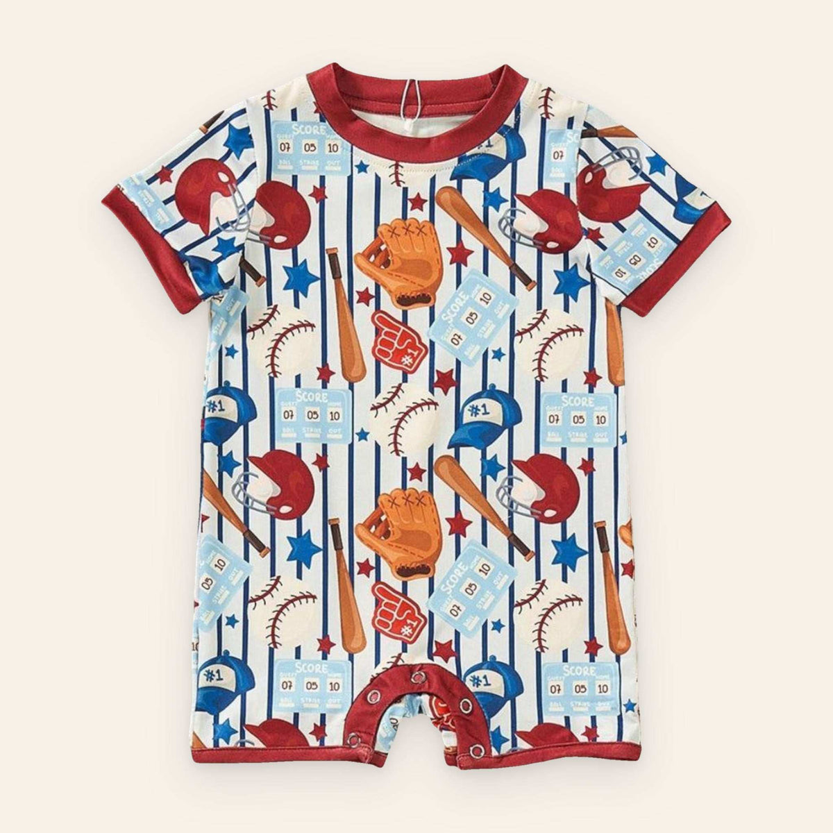 Vintage baseball boy romper with sports-themed print.