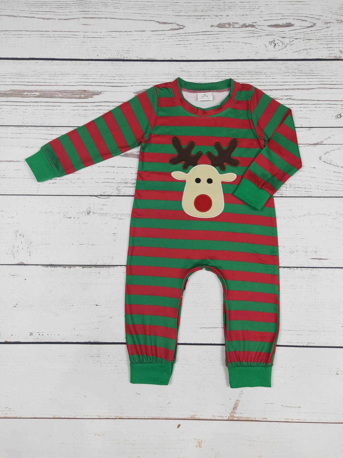 Deer Appliqué Boy Christmas Romper in red and green striped fabric, with a reindeer face appliqué and matching cuffs.