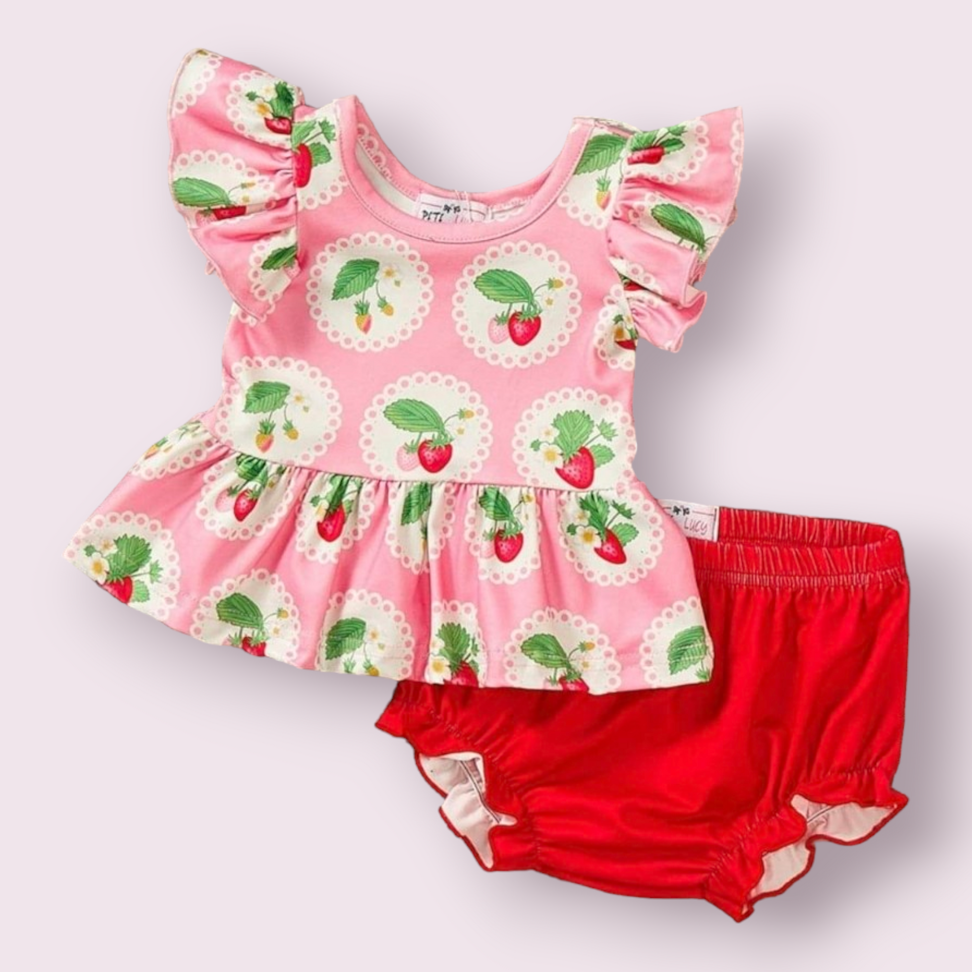Summer Strawberry Baby Girl Set with pink top and red bottoms featuring strawberry pattern.