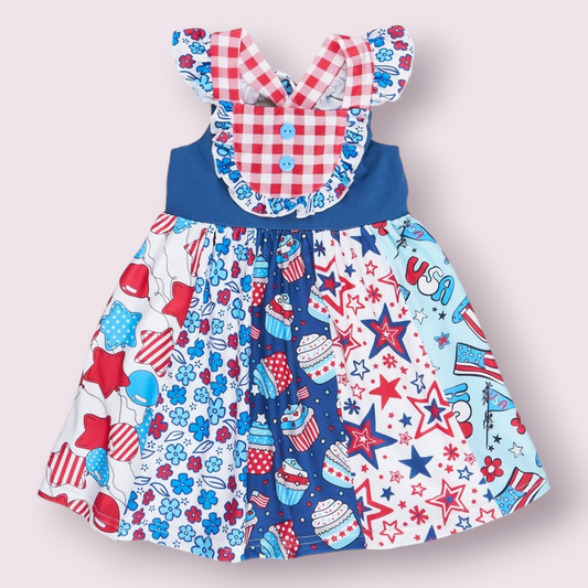 Red, White & Sweet Dress with adjustable straps and colorful patriotic pattern.