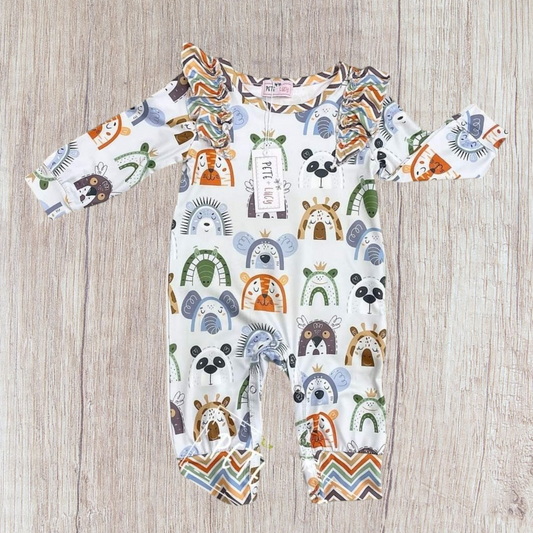 Colorful Happy Zoo Girl Romper with animal prints, jewel neckline, and long sleeves.