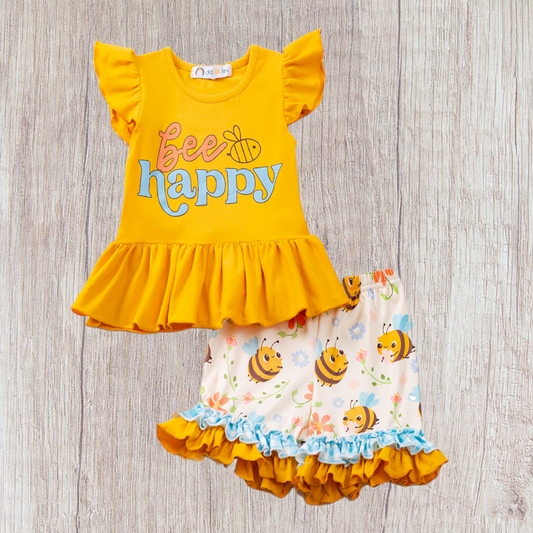 Bright toddler "Bee Happy" 2 piece outfit with bee graphics, perfect for play.