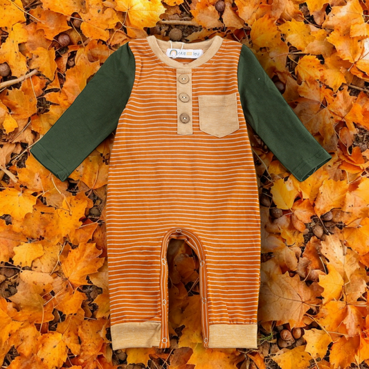 Happy Harvest Boy Romper with striped body and solid long sleeves in warm autumn tones