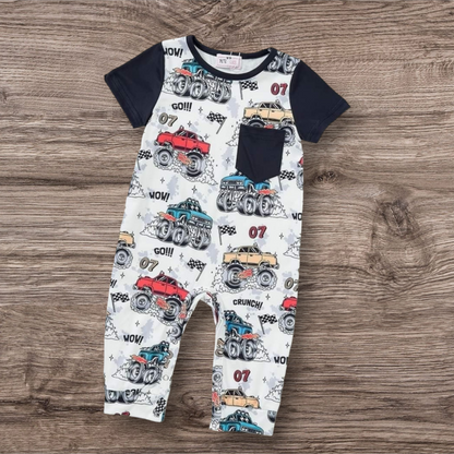 Mud Mayhem Boy Romper with monster truck print, short sleeves, and chest pocket.