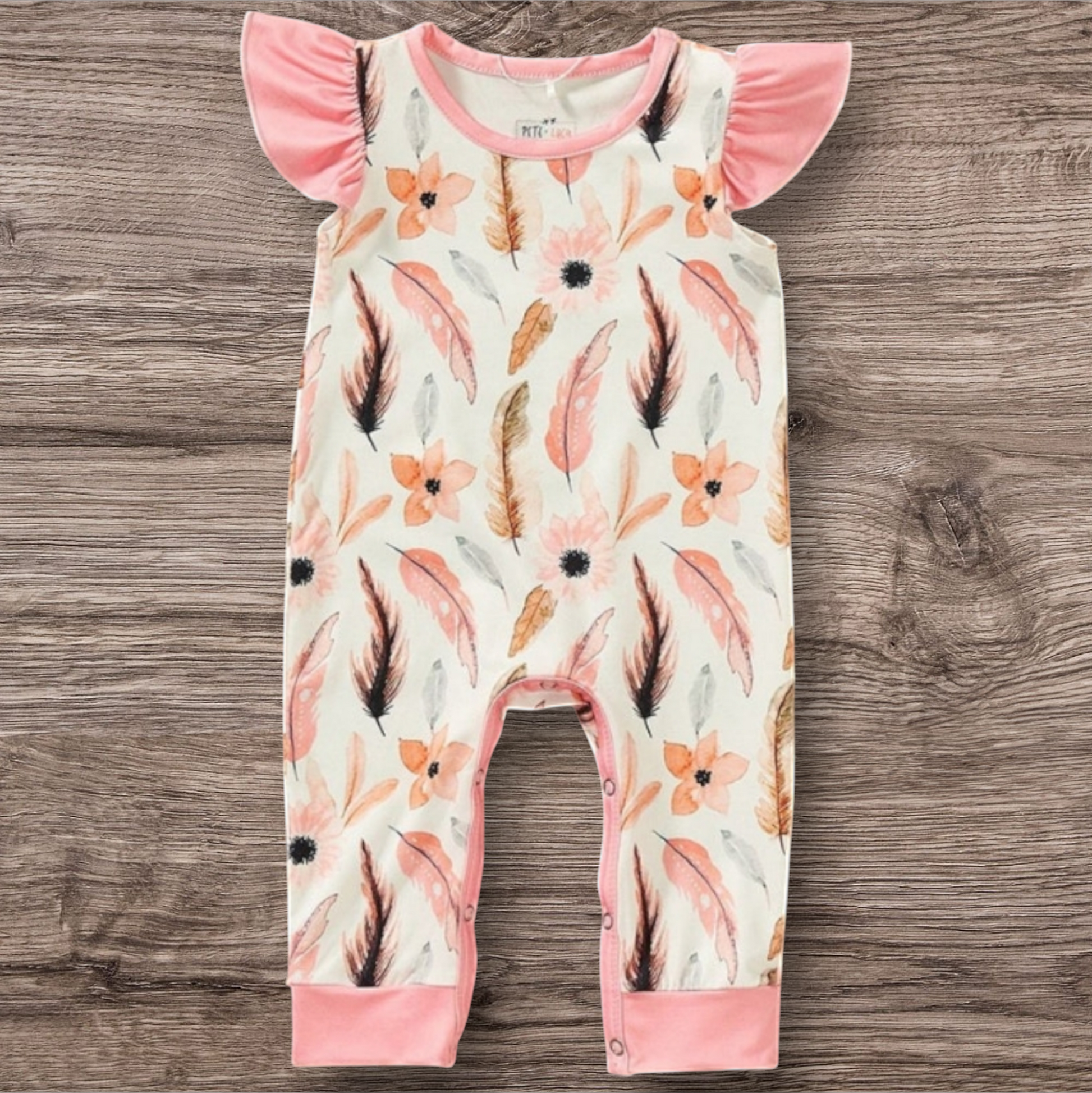 Fancy Feathers Romper with floral and feather design on soft P+Lush fabric.