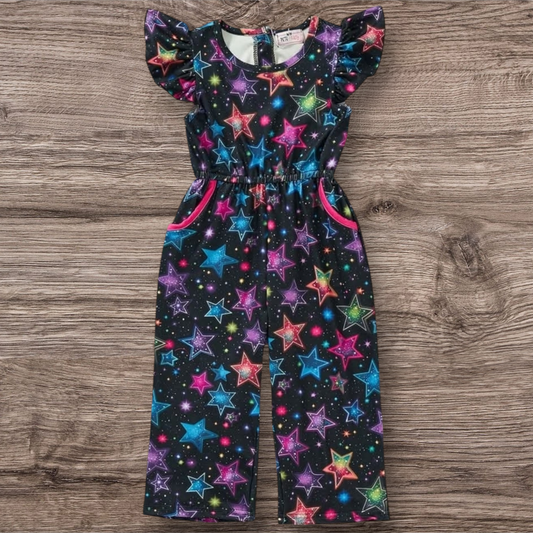 Electric Starlight Jumpsuit with colorful star patterns, P+Lush fabric.