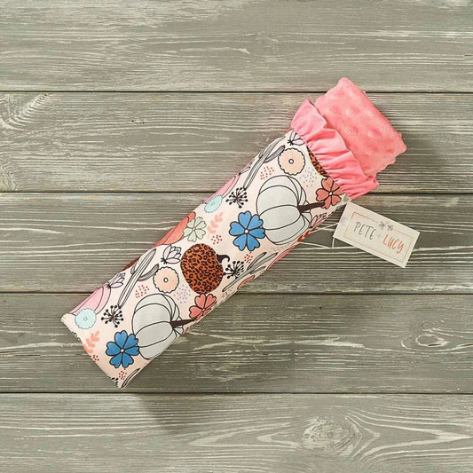 Minky Blanket with pink ruffles and floral pumpkin design, soft plush fabric for baby warmth and comfort