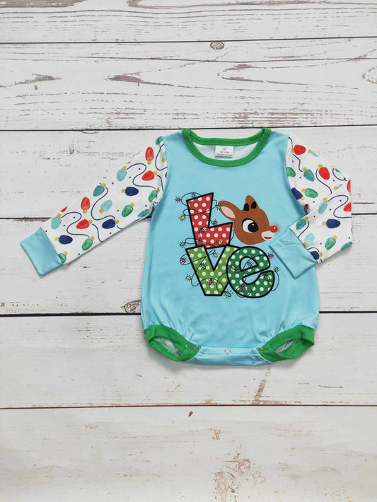 Deer Love Printed Christmas Romper, unisex baby romper in light blue with green trim, Christmas light print sleeves and a reindeer LOVE graphic.
