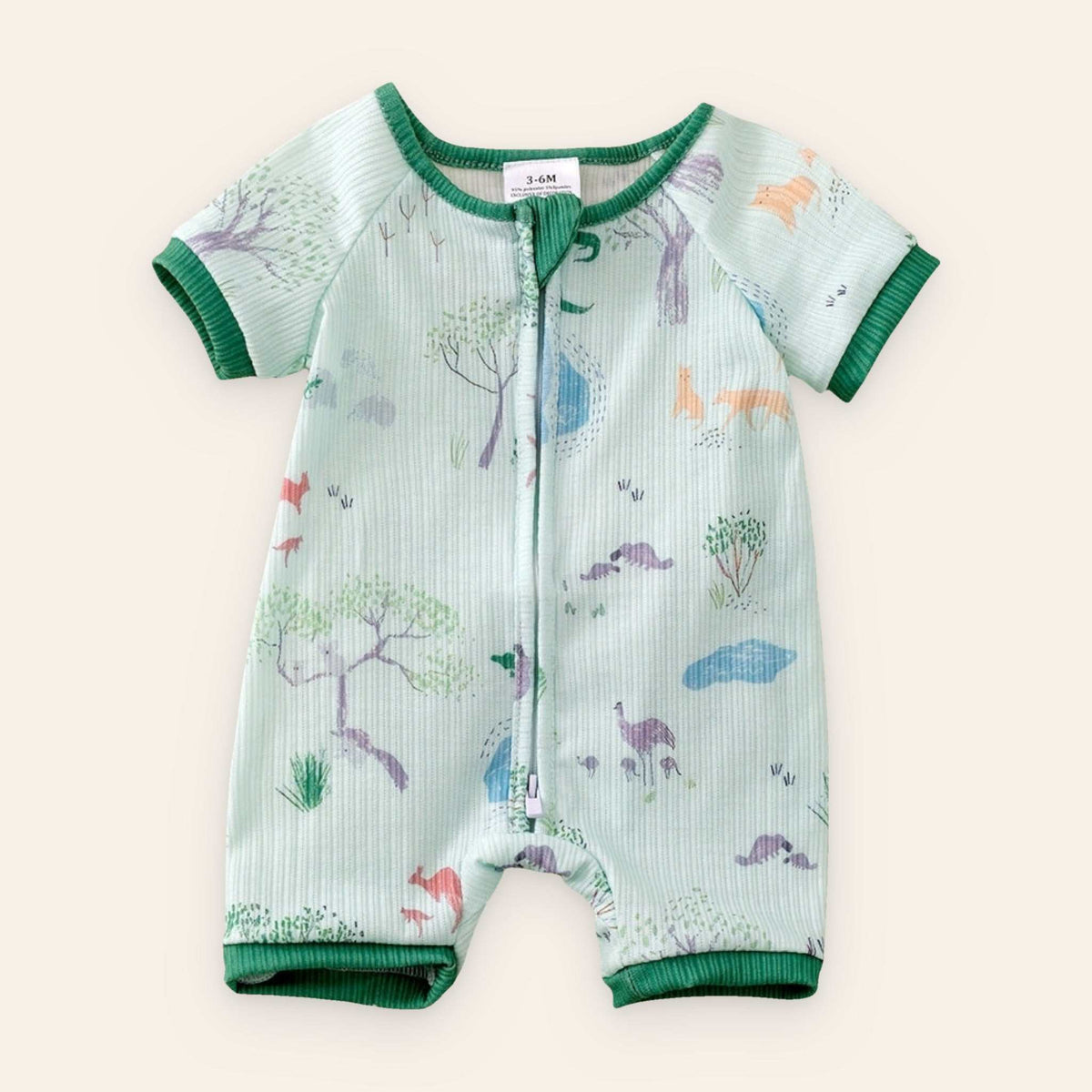 Adventure animal baby romper with zipper and jungle print for easy diaper changes