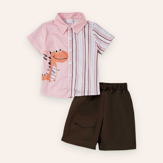 Alligator Boys Set with alligator print shirt and brown shorts on a light green background.