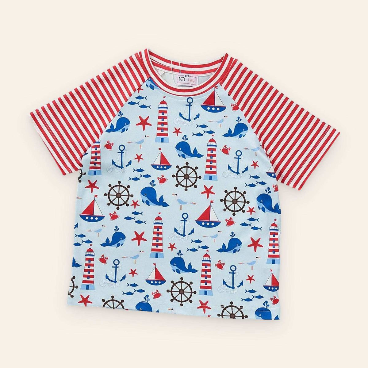 Raglan boy top with nautical print, red striped sleeves, anchors and lighthouses.