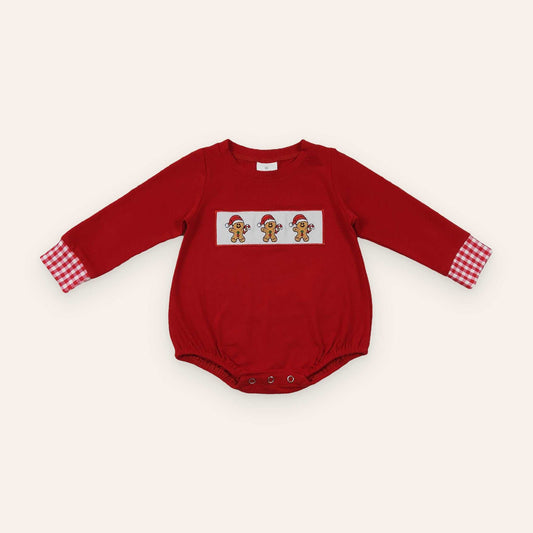 Baby Boys Gingerbread red long-sleeve romper with a chest panel of gingerbread figures and red-and-white check cuffs.