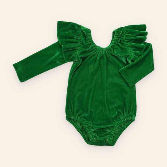 Baby Green Velvet Onesie in rich emerald green velvet, with long sleeves, gathered ruffle shoulders, and snap-button crotch closure.