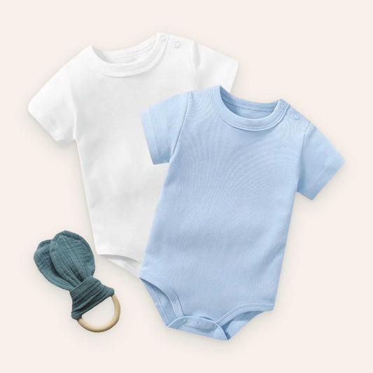 Baby Bodysuit Set with Teether in Blue, includes white and blue bodysuits with rabbit ear teether, soft cotton fabric.