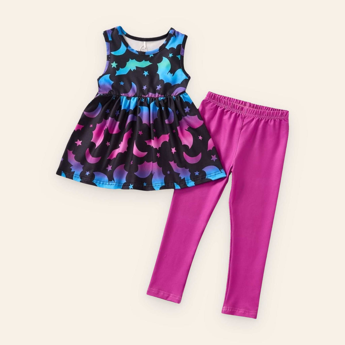 Boo-tiful Bats Outfit with colorful bat print sleeveless top and purple leggings for kids