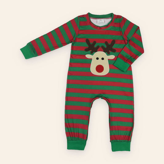 Deer Appliqué Boy Christmas Romper in red and green striped fabric, with a reindeer face appliqué and matching cuffs.