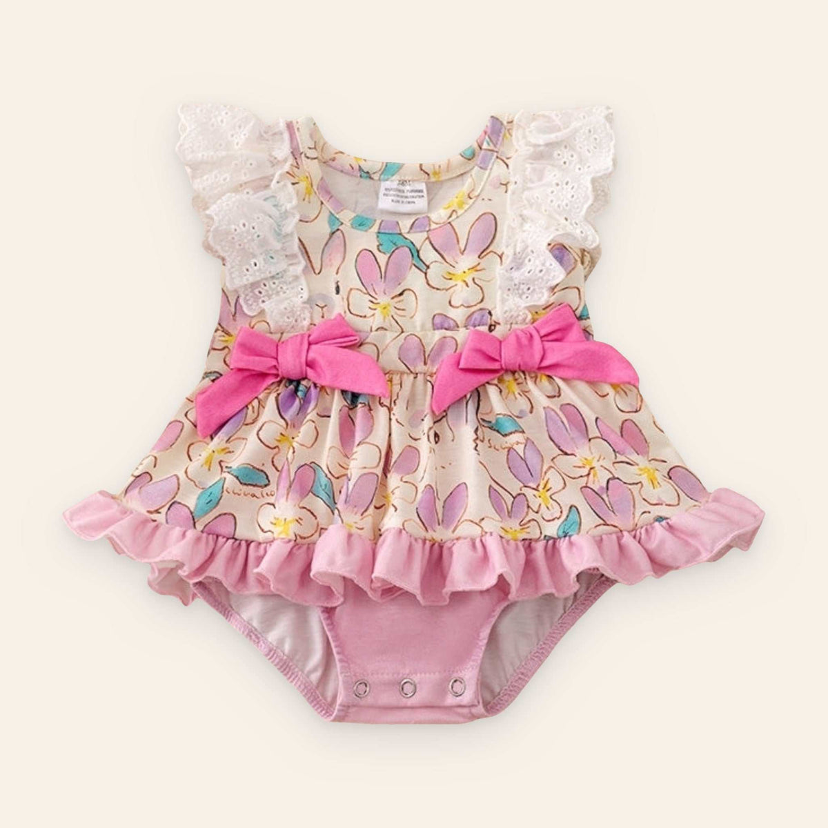 Bunny Blooms Romper floral printed toddler romper with twirl skirt and side bows