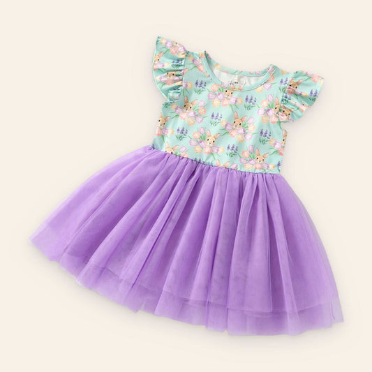 Child wearing Bunny Bouquet Tulle Dress with floral and bunny design, perfect for Easter and spring photos.