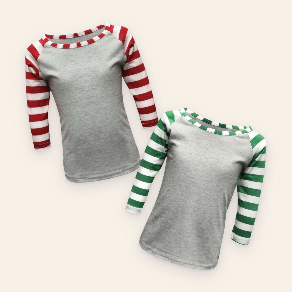 Gray Candy Cane Striped Top with red and green 3/4 sleeves made of polyester and spandex