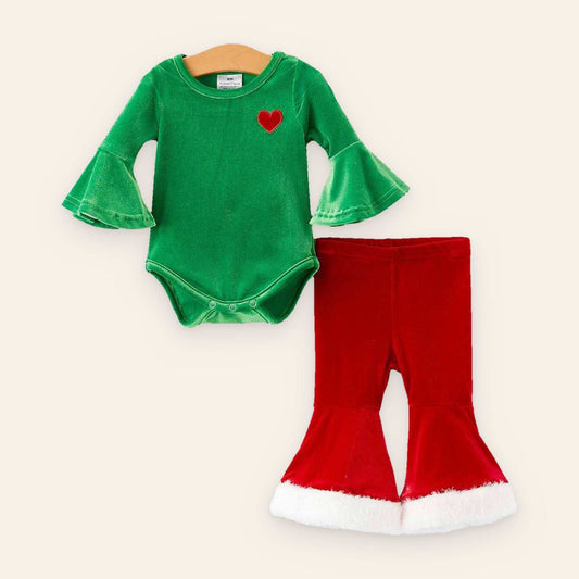 Christmas velvet girls bodysuit outfit with green bell sleeve romper and red bell bottom pants with white trim for holiday festive wear